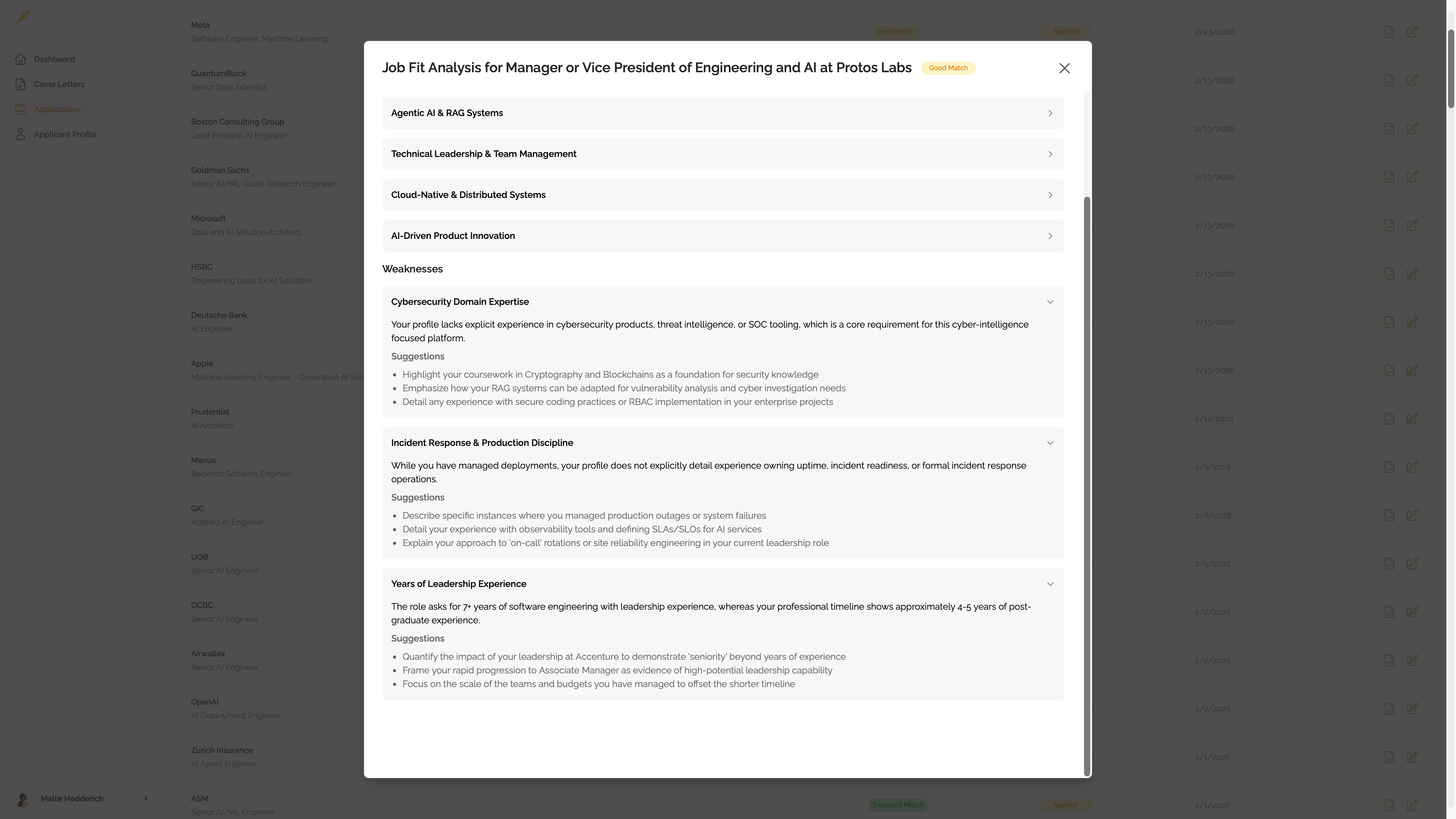 Genwriter job fit analysis modal showing strengths, weaknesses, and skills that may compensate for missing job requirements.