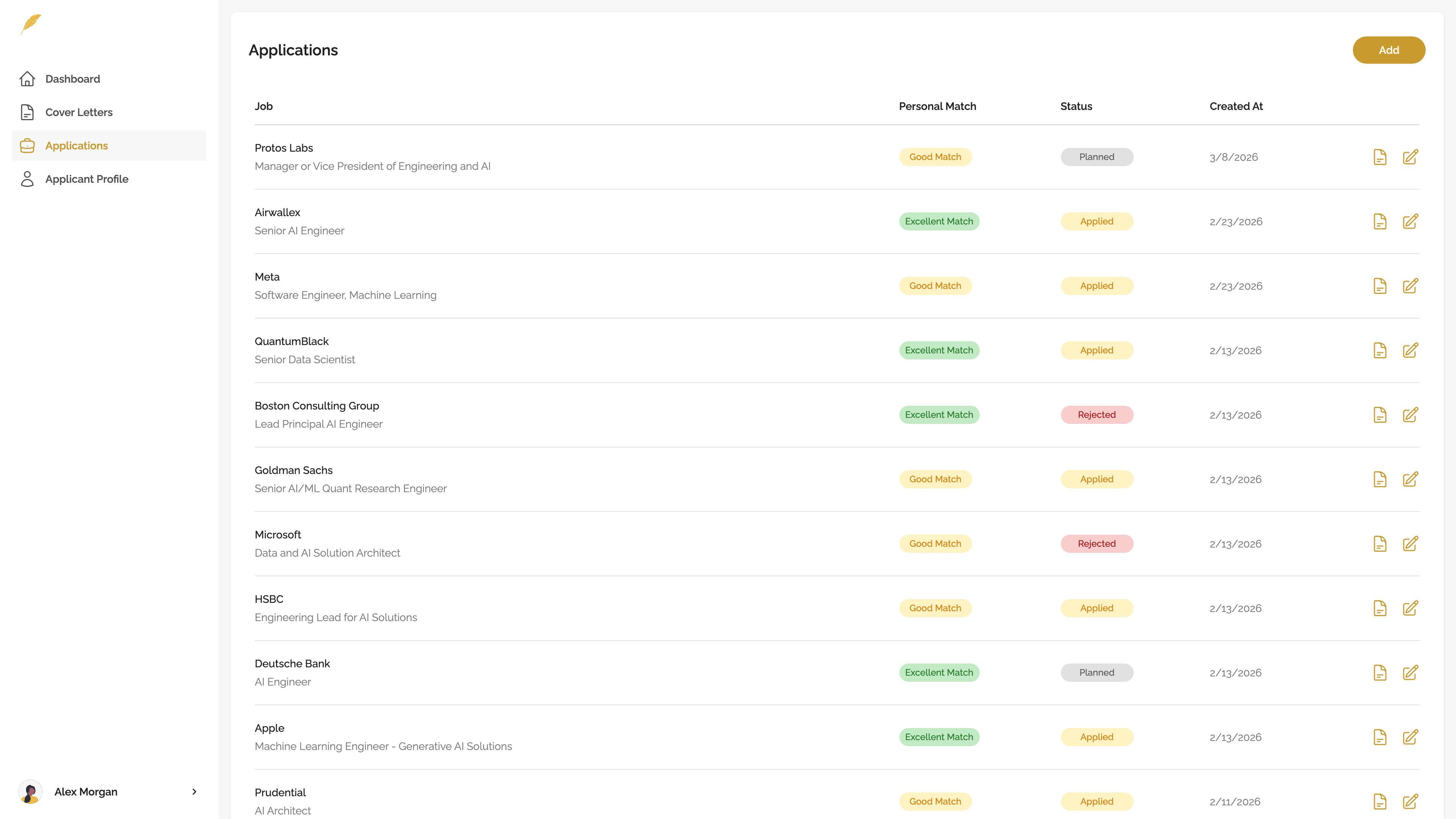Genwriter applications page showing job postings with personal match ratings before cover letters are drafted.