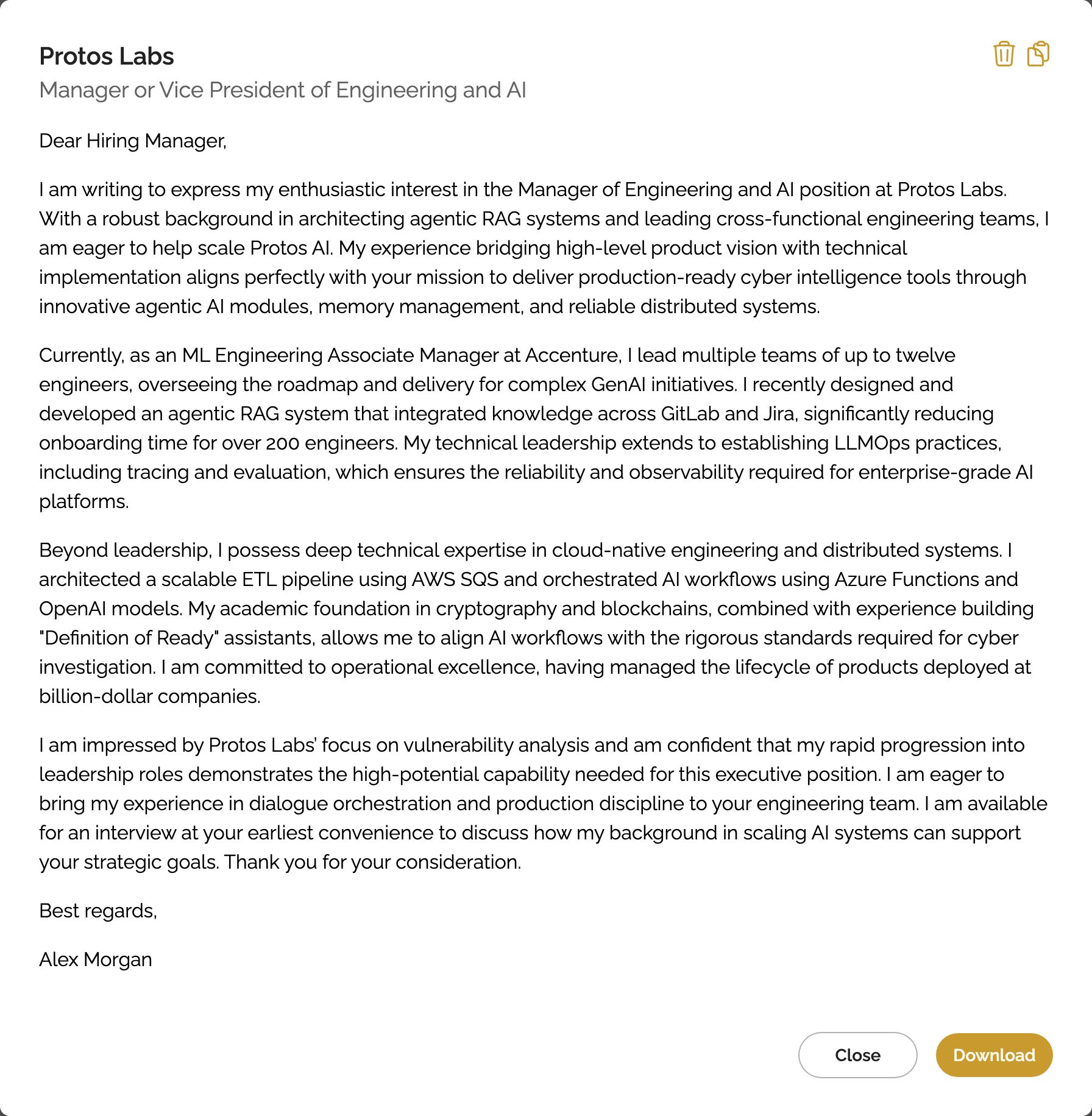 Genwriter cover letter review panel showing an AI-assisted cover letter draft before download.