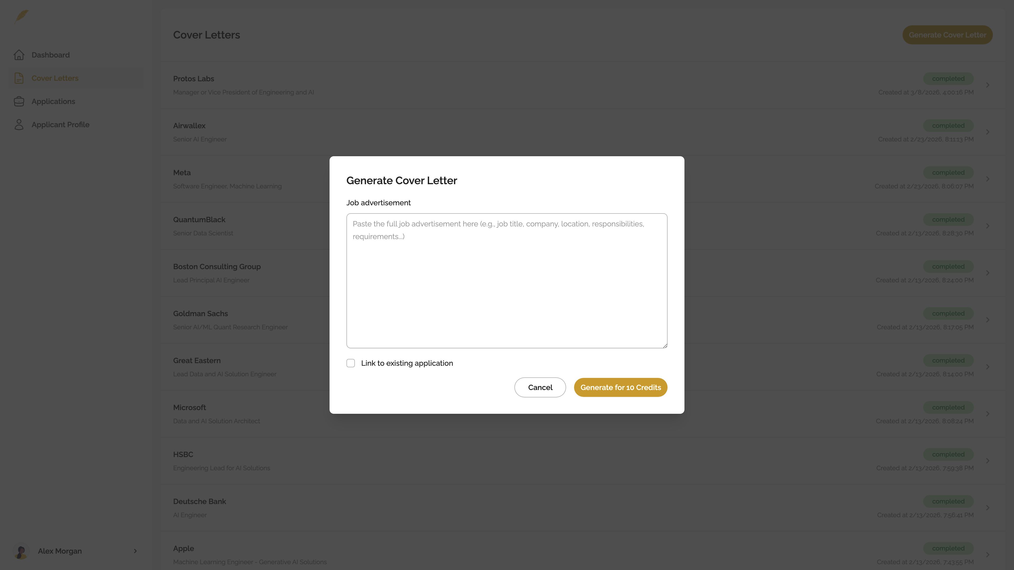 Genwriter full app screen showing the cover letter generator modal with a job advertisement input.
