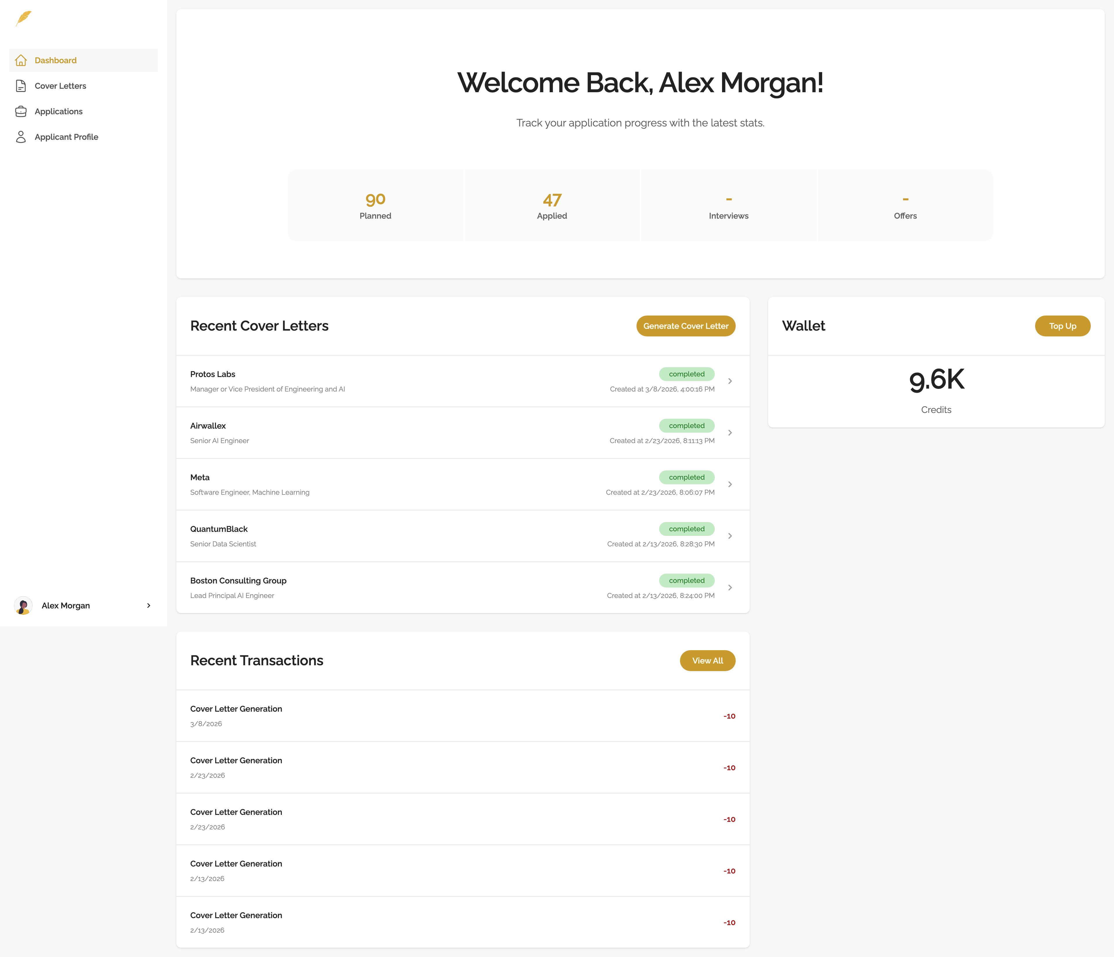 Genwriter dashboard full app view showing application progress, recent cover letters, wallet, and sidebar navigation.
