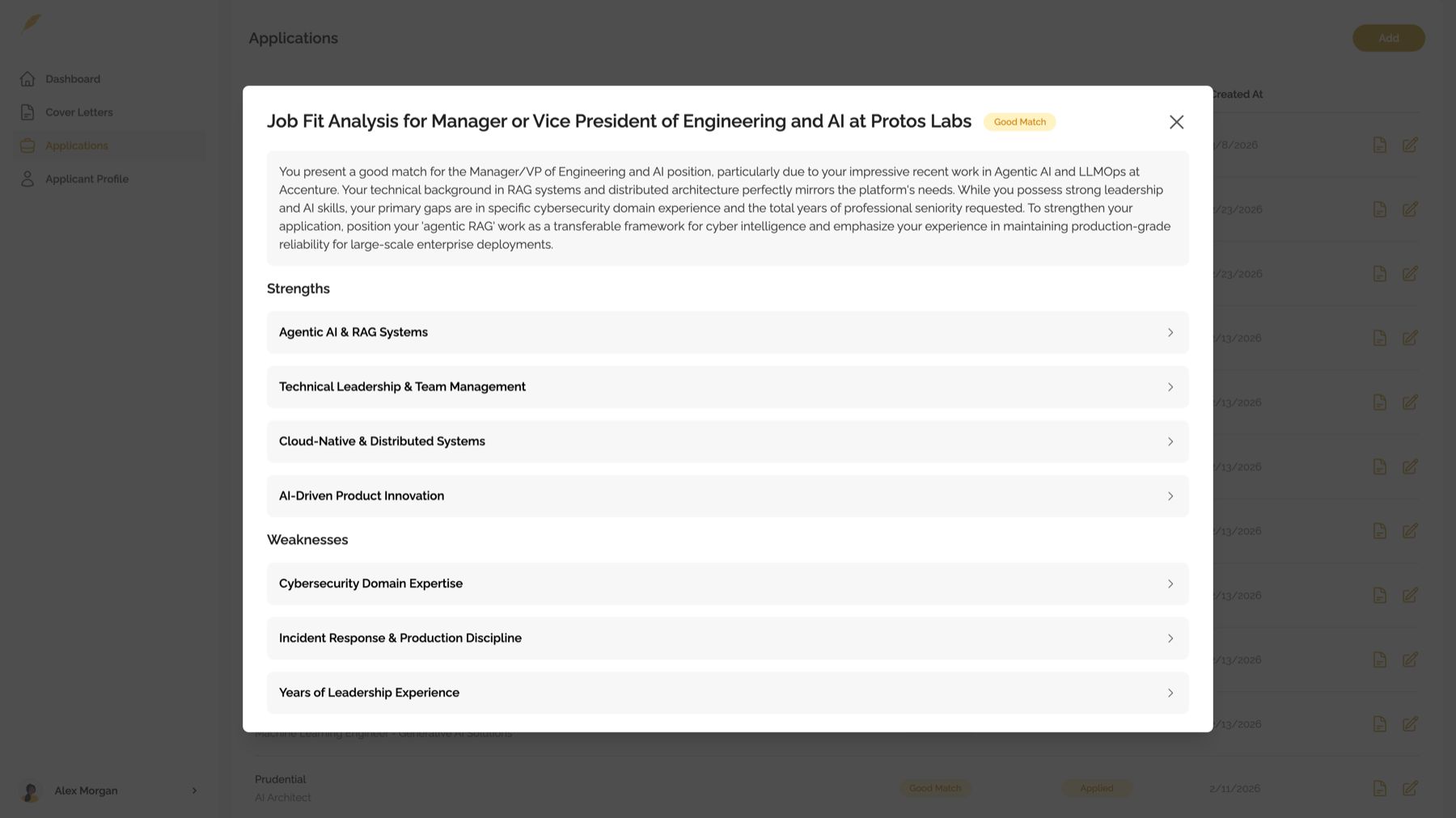 Genwriter job-fit analysis screen showing strengths and gaps before drafting a tailored cover letter.